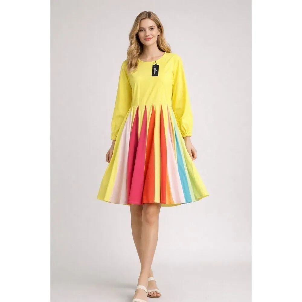 Aikina Yellow Rainbow Pleated Cotton Dress Size M NWT